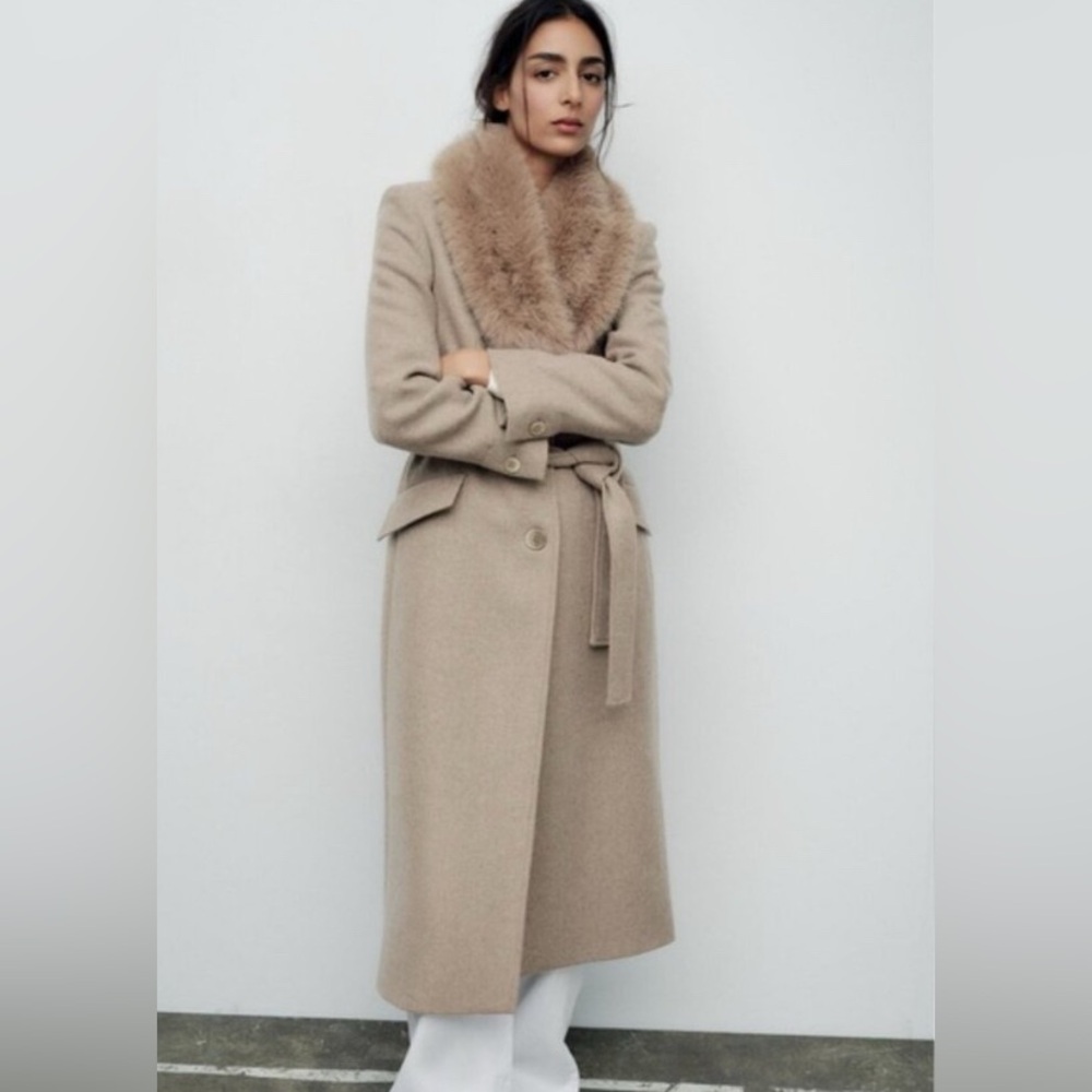 Zara Beige Fur-Trimmed Coat - Picture 4 of 16